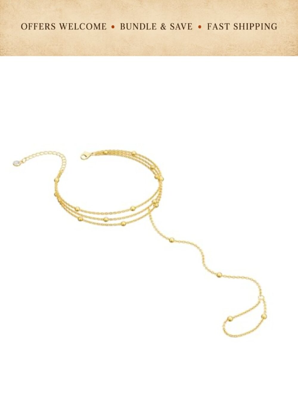 14K Gold Plated Silver Beaded Hand Chain Bracelet Stackable Finger Ring